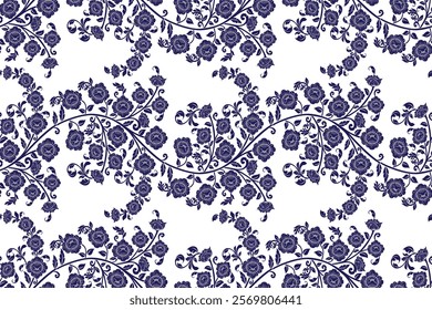 Seamless floral pattern in damask style blue colored motif suitable for wallpaper, curtain, clothing, textiles, tile, blanket and fabric design isolated illustration vector archive EPS files.
