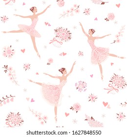 
Seamless floral pattern with dancing ballerinas on a white background. Vector vintage ornament.