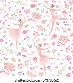 Seamless floral pattern with dancing ballerinas on a white background. Vector vintage ornament.