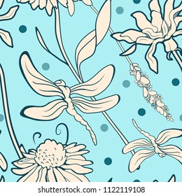 Seamless floral pattern with dargonfly. Hand drawn vector illustration.
Blue background with blossom. It can be used as wrapping, pack.