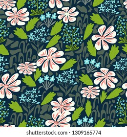 Seamless floral pattern,   dark background, flat style, hand drawn, vector illustration