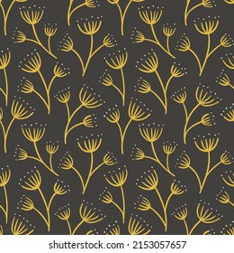 Seamless floral pattern. Dark background with stylised plants. Simple botanical wallpaper and vector 