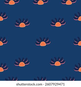 Seamless floral pattern with dark blue background and stylized flowers featuring orange centers and pink and navy petals. Elegant and modern contrast design.