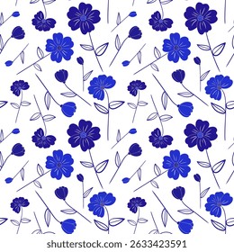 seamless floral pattern with dark blue cosmos flowers on white background – elegant botanical textile design for fashion, wrapping, surface or digital decor