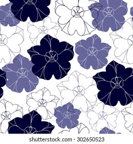 Seamless floral pattern - Dark blue and purple flowers on white background.