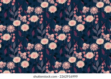 Seamless floral pattern with dark decorative art garden. Attractive botanical design with hand drawn wild plants: flowers, leaves, twigs in purple colors. Vector illustration.