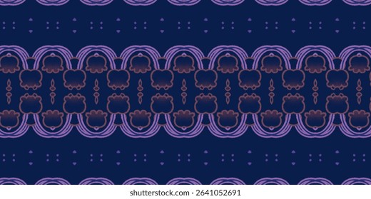 Seamless floral pattern in dark navy and soft violet tones, featuring symmetrical flower and arc motifs. Perfect for textiles, backgrounds, and digital prints.