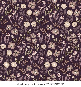 Seamless floral pattern with dark ornate meadow in purple colors. Cute ditsy print, beautiful botanical background with decorative hand drawn plants, wild flowers, small leaves, herbs. Vector.