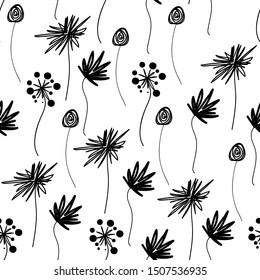 Seamless floral pattern with dark outline. Decorative abstract background with flowers theme