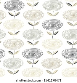 Seamless floral pattern with dark outlines. Decorative abstract background with flowers theme, Modern style
