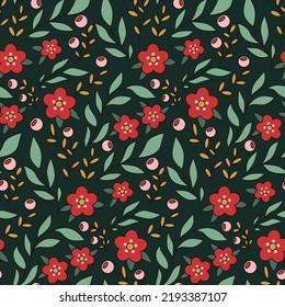 Seamless floral pattern with deco art meadow. Cute ditsy print, simple botanical background with small hand drawn flowers, leaves, herbs on a dark field. Vector illustration.