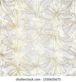 Seamless floral pattern.For decor and design of fabric, paper, packaging, Wallpaper and engraving.Gold graphics on a light background.Subtle, airy pattern.