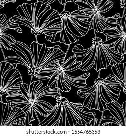 Seamless floral pattern.For decor and design of fabric, paper, packaging, Wallpaper and engraving.White outline pattern of flowers on black background.
