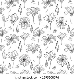 Seamless floral pattern.For decor and design of fabric, paper, packaging, Wallpaper.Black outline pattern of flowers on white background.