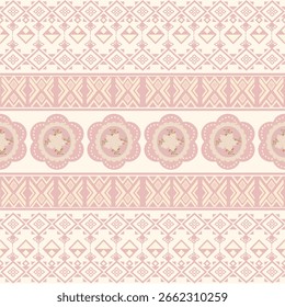 Patrón floral sin fisuras decorado con lindas flores de color rosa pastel sobre un fondo crema. Diseño sencillo mezclado con un estilo tribal aplicado a un estilo contemporáneo. Adecuado para decorar .