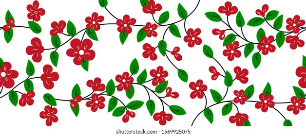 Seamless floral pattern. Decorative abstract flowers hand drawn. Red flowers on branches with green leaves. Isolated on a white background. Vector illustration