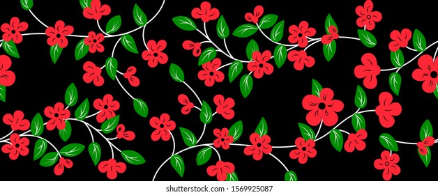 Seamless floral pattern. Decorative abstract flowers hand drawn. Red flowers on branches with green leaves. Isolated on a black background. Vector illustration