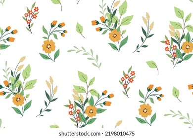 Seamless floral pattern with decorative art plants on a white background. Cute botanical print with wild flowers, leaves, herbs in an abstract composition. Surface design with folk motifs. Vector.