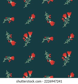 Seamless floral pattern with decorative art branches of wild flowers  on a dark blue background. Cute flower print, pretty ditsy design with small hand drawn twigs, red flowers, leaves. Vector.