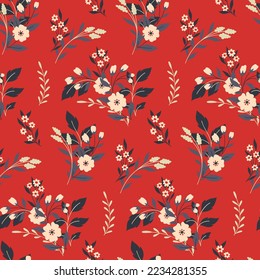 Seamless floral pattern with decorative art wild plants in folk style. Cute flower design, abstract arrangement of hand drawn flowers, leaves, small twigs on a red background. Vector illustration.