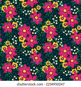 Seamless floral pattern with decorative art meadow. Cute flower print, colorful ditsy design with small plants: daisy flowers, leaves, grass on dark background. Vector botanical illustration.