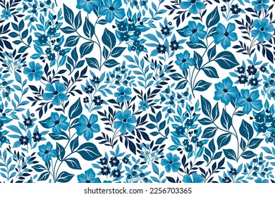 Seamless floral pattern with decorative art garden in folk style. Cute ditsy print, botanical design with blue hand drawn plants, small flowers, branches, large leaves on a white background. Vector.