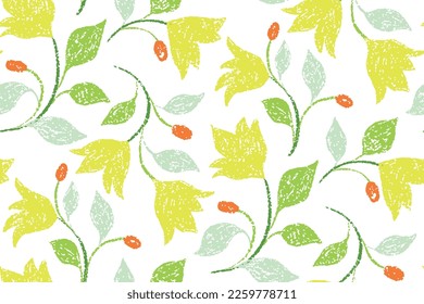 Seamless floral pattern with decorative art spring botany on a white background. Cute flower print, simple botanical design with hand drawn plants: small flowers branches, leaves. Vector illustration.