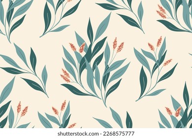 Seamless floral pattern, decorative art botanical print with folk motif. Beautiful design with hand drawn plants: branches with small flowers, blue leaves on a white background. Vector illustration.