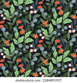 Seamless floral pattern with decorative art wild plant. Ornate botanical design with hand drawn garden: small flowers, berries, green leaves and branches on a dark background. Vector illustration.