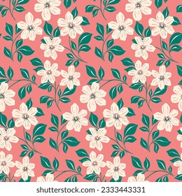 Patrón floral sin fisuras, arte decorativo impreso con ramas de estilo vintage. Diseño botánico clásico, adorno: flores dibujadas a mano, ramas pequeñas, hojas sobre un fondo rojo. Ilustración del vector