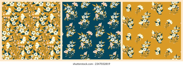 Seamless floral pattern with decorative art wild plants in the set. Elegant botanical design, abstract vintage print: small flowers, leaves, branches on a different background. Vector illustration.