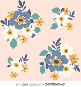 Seamless floral pattern, decorative art ditsy print, flower ornament in retro folk motif. Botanical wallpaper, textile design: hand drawn daisy flowers, leaves, simple bouquets. Vector illustration.