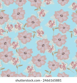 Seamless floral pattern with decorative art garden in vintage style. Elegant flower print, trendy botanical design with wild plants: flowers, branches, leaves on a dark background. Vector illustration