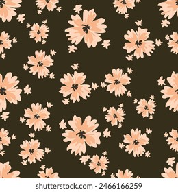 Seamless floral pattern with decorative art garden in vintage style. Elegant flower print, trendy botanical design with wild plants: flowers, branches, leaves on a dark background. Vector illustration