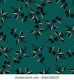 Seamless floral pattern with decorative art garden in vintage style. Elegant flower print, trendy botanical design with wild plants: flowers, branches, leaves on a dark background. Vector illustration