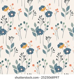 Seamless floral pattern, decorative art ditsy print, abstract ornament in modern folk motif. Botanical design: large hand drawn flowers, small leaves, twigs on white background. Vector illustration.