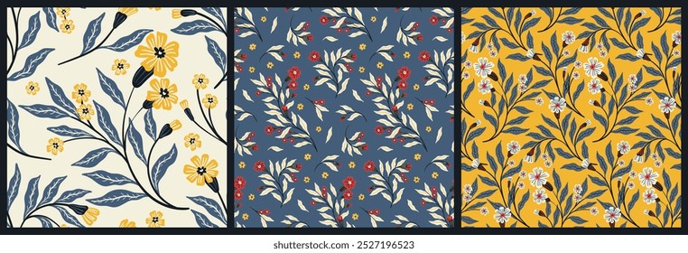 Seamless floral pattern, decorative art flower print, abstract ornament in folk motif. Botanical design: small hand drawn flowers, branches, large leaves. Vector illustration in autumn, winter colors.