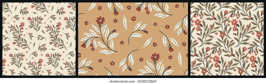 Seamless floral pattern, decorative art ditsy print, abstract vintage style ornament. Botanical design of hand drawn fall plants, small flowers, branches, large leaves in beige. Vector illustration.