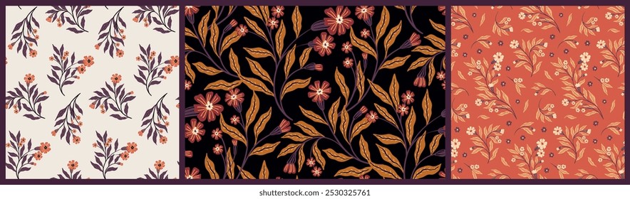 Patrón floral sin fisuras, estampado artístico decorativo, adorno abstracto en colores otoñales. Diseño botánico de Antiguas: ramas de flores dibujadas a mano, hojas. Motivo de Folk azulejo botánico. Ilustración vectorial.