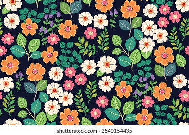 Patrón floral sin fisuras, estampado artístico decorativo, adorno abstracto de prado de verano colorido. Diseño botánico de Folk: flores Pequeñas dibujadas a mano, hojas verdes Grandes en campo oscuro. Ilustración vectorial