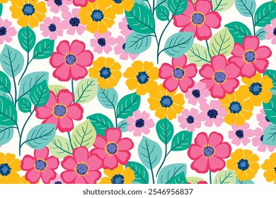 Patrón floral sin fisuras, estampado artístico decorativo con motivos retro. Abstractas adorno de flores, diseño de Fondo de pantalla botánico, plantas silvestres dibujadas a mano, Grandes flores de margarita, hojas verdes. Ilustración vectorial