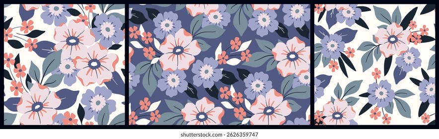 Patrón floral sin fisuras, estampado artístico decorativo con motivos retro. Linda colección de diseño botánico en colores pastel. Grandes y Pequeñas flores dibujadas a mano, hojas, ramos simples. Ilustración vectorial.