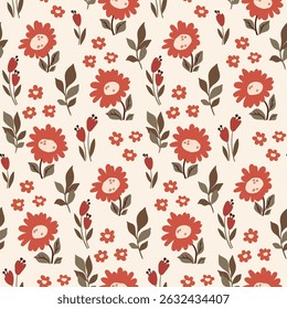 Seamless floral pattern, decorative art ditsy print. Cute botanical design in folk motif. Small hand drawn sunflowers, little red wild flowers, leaves in abstract composition. Vector illustration.