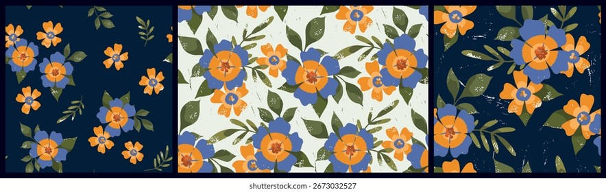 Seamless floral pattern, decorative art ditsy print of large plants in folk style. Cute botanical design of hand drawn flowers, leaves, lush bouquets, textured decor in collection. Vector illustration