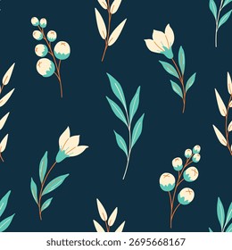 Padrão floral perfeito, impressão de arte decorativa em cores escuras de inverno. Design botânico bonito simples de grandes plantas selvagens desenhadas à mão, flores, galhos e folhas em um fundo azul. Ilustração vetorial.