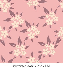 Patrón floral sin fisuras, impresión elegante del estilo popular del arte decorativo en colores del otoño. Lindo diseño botánico de Pequeñas flores de margarita dibujadas a mano, hojas diminutas, ramos simples en amarillo. Ilustración vectorial.
