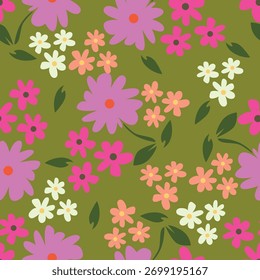 Seamless floral pattern, decorative art folk style ditsy print in autumn colors. Cute botanical design of small hand drawn daisy flowers, tiny leaves, simple bouquets on yellow. Vector illustration.
