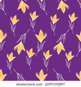Seamless floral pattern, decorative art folk style ditsy print in autumn colors. Cute botanical design of small hand drawn daisy flowers, tiny leaves, simple bouquets on yellow. Vector illustration.
