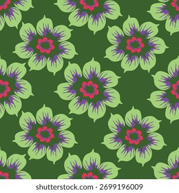 Seamless floral pattern, decorative art folk style ditsy print in autumn colors. Cute botanical design of small hand drawn daisy flowers, tiny leaves, simple bouquets on yellow. Vector illustration.

