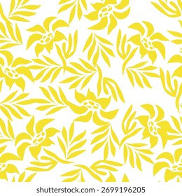 Nahtloses Blumenmuster, dekorative Kunst, volkstümlicher Print in Herbstfarben. Nettes botanisches Design von kleinen handgezeichneten Gänseblümchen, winzigen Blättern, einfachen Sträußen auf Gelb. Vektorgrafik.
